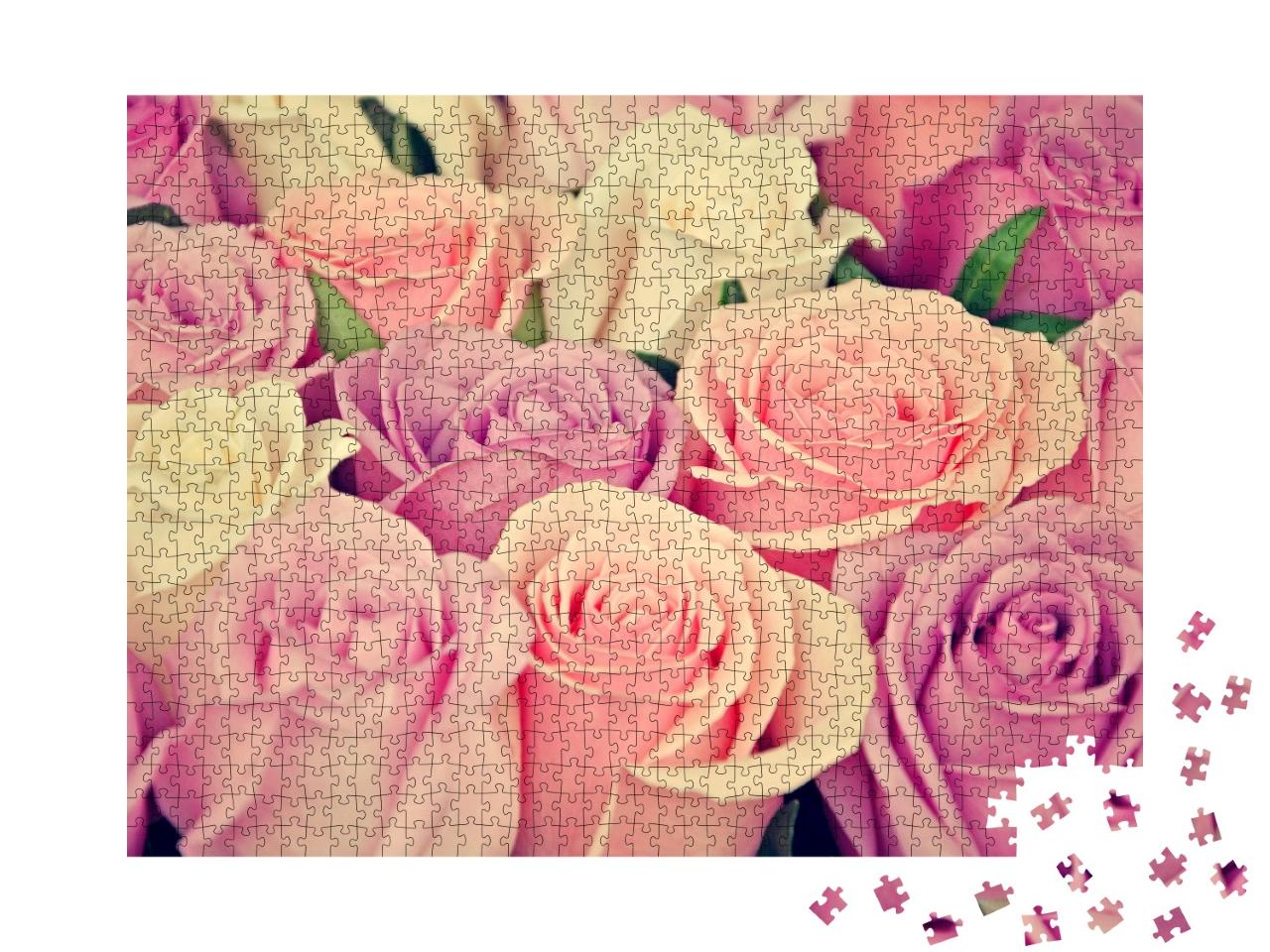 Puzzle de 1000 pièces « Délicates fleurs de roses roses et blanches »