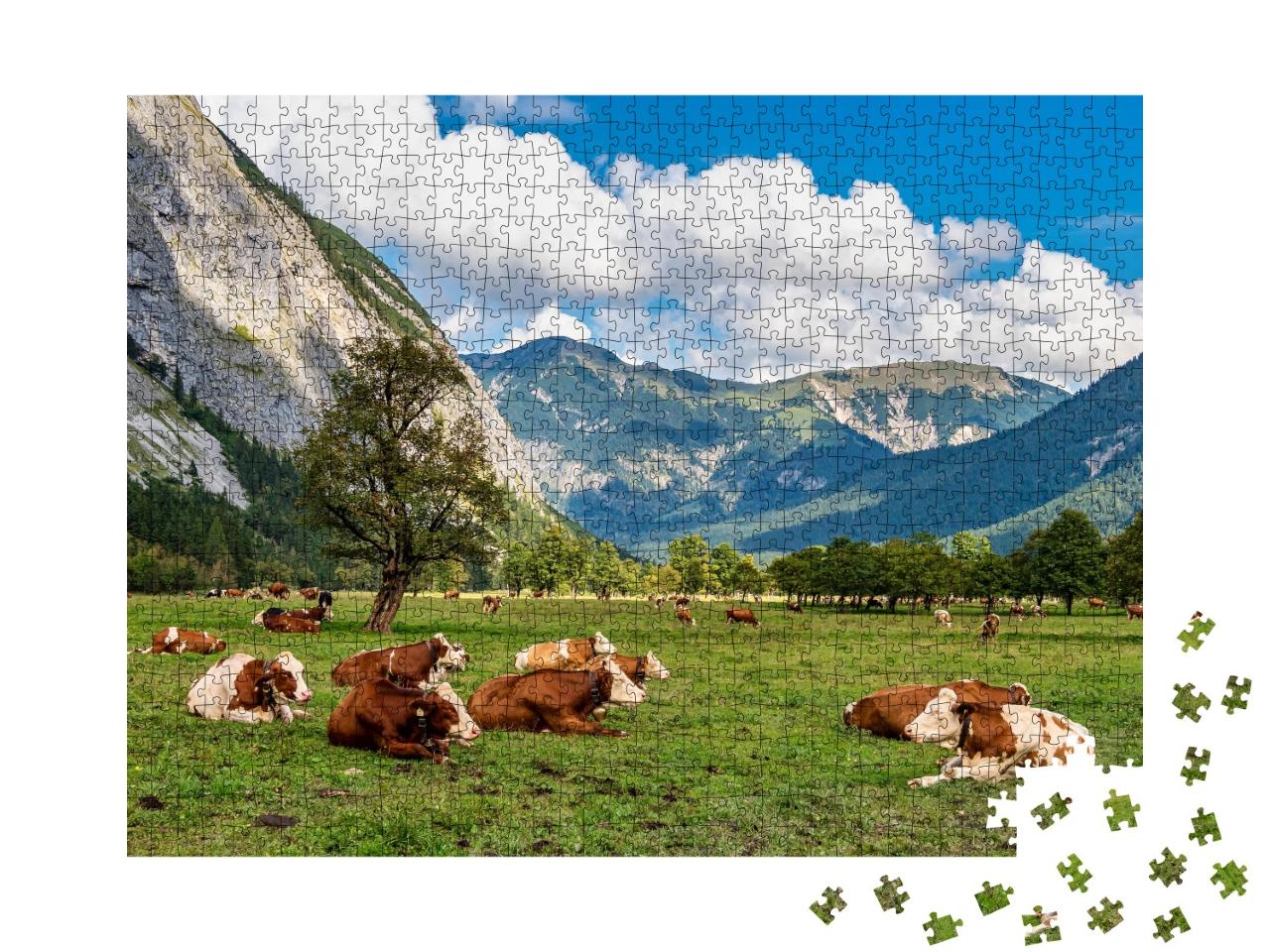 Puzzle de 1000 pièces « Pâturage pour vaches et érables à l'Ahornboden, montagnes du Karwendel, Tyrol »