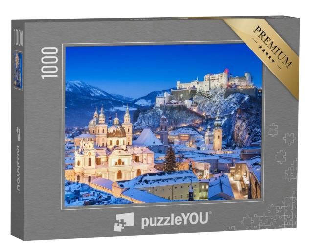 Puzzle de 1000 pièces « Belle vue sur la ville historique de Salzbourg avec sa forteresse en hiver, Autriche »