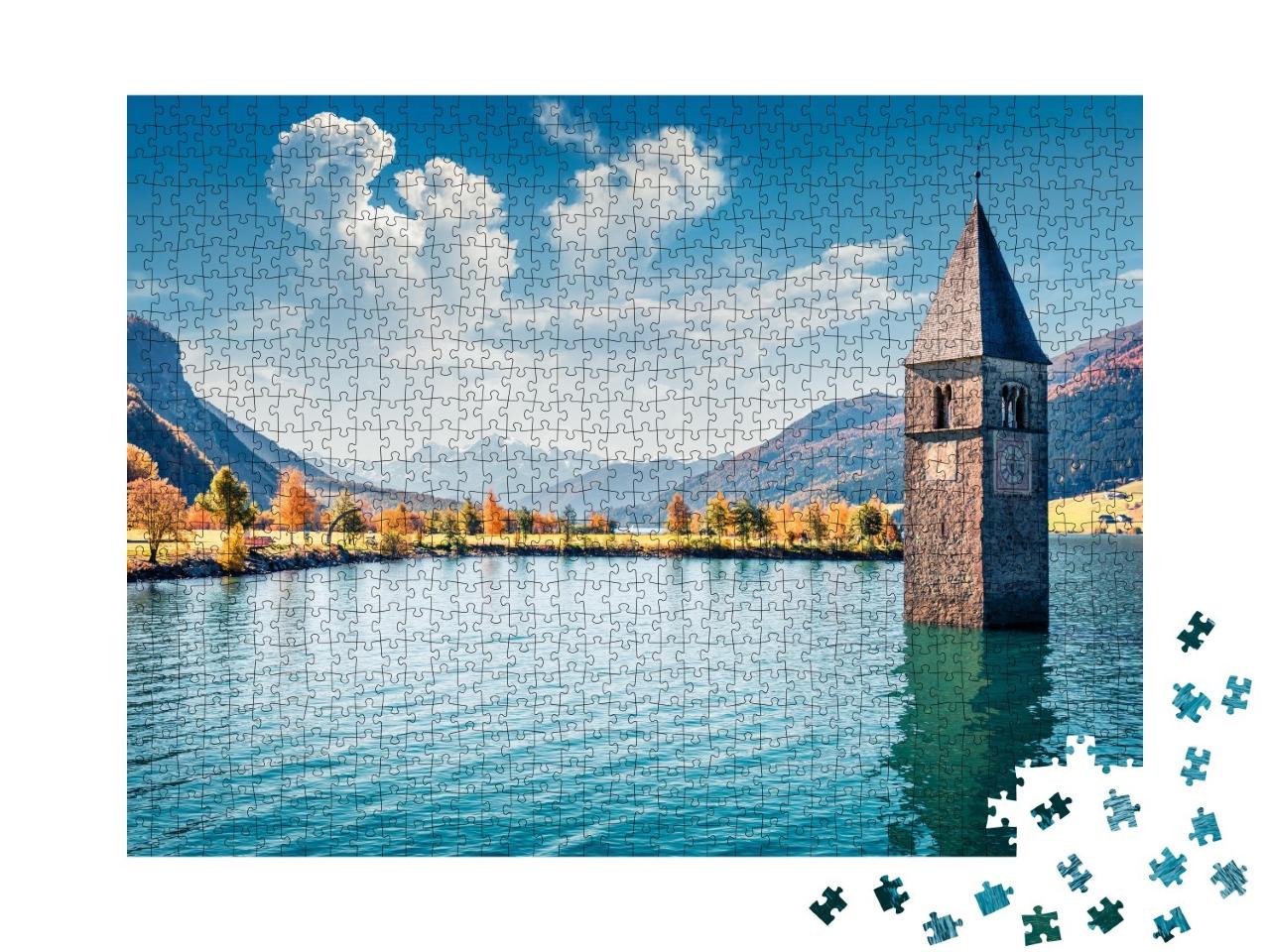 Puzzle de 1000 pièces « Vue pittoresque d'automne de la tour de l'église engloutie à Resia, Tyrol du Sud »