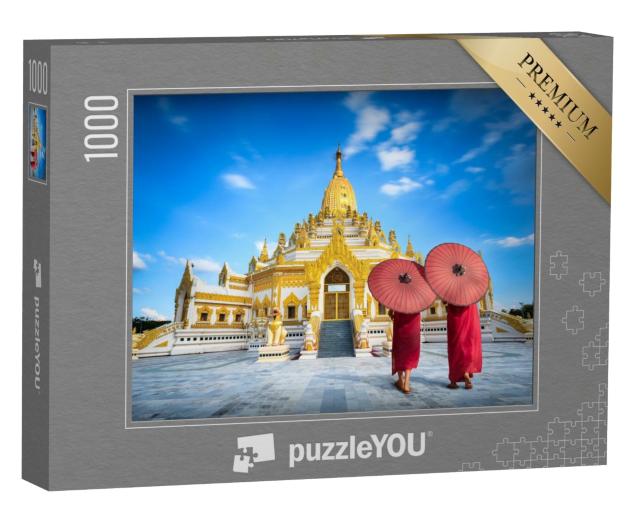 Puzzle de 1000 pièces « Moines aux parapluies rouges devant la pagode Swe Taw Myat, Yangon, Myanmar »