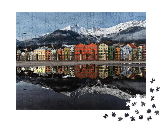 Puzzle de 1000 pièces « Reflet parfait dans l'eau des maisons colorées d'Innsbruck, Autriche »