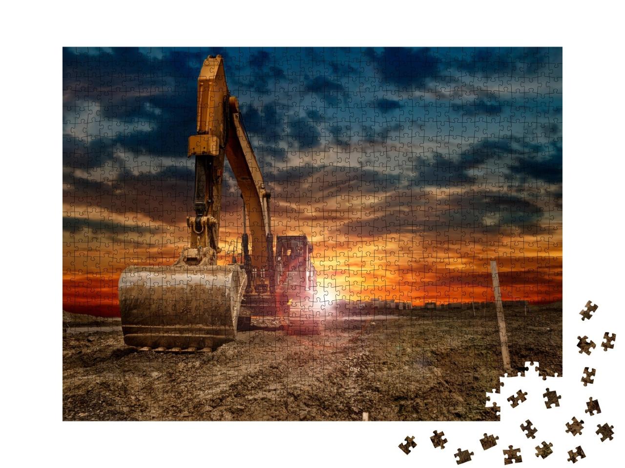 Puzzle de 1000 pièces « Pelleteuse sur un chantier au coucher du soleil »