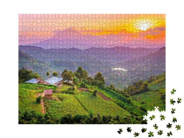 Puzzle de 1000 pièces « Un paysage et des couleurs incroyables : coucher de soleil à Kisoro, Ouganda »