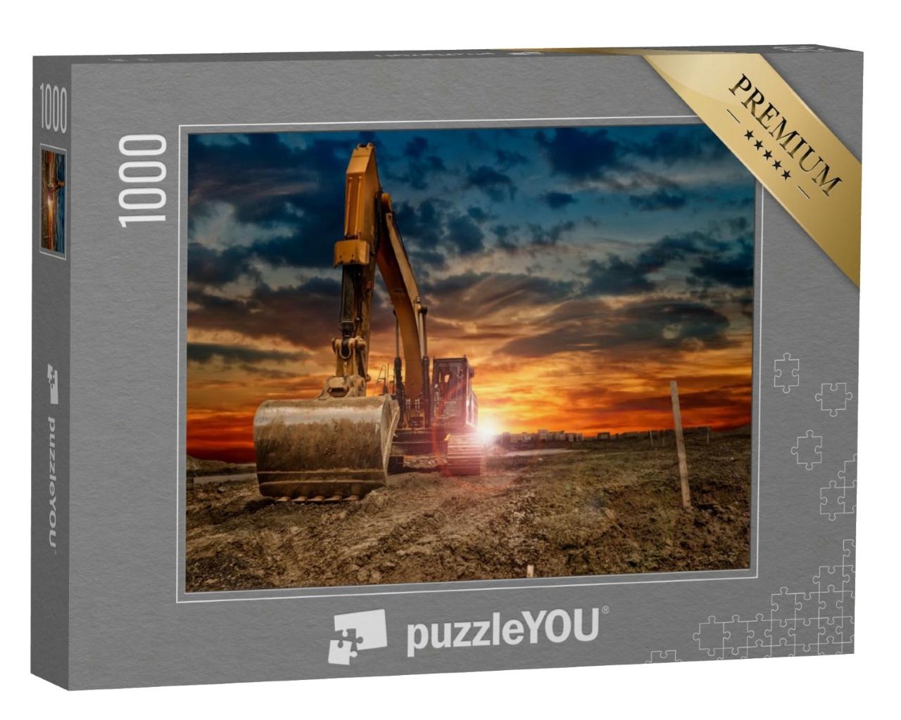 Puzzle de 1000 pièces « Pelleteuse sur un chantier au coucher du soleil »