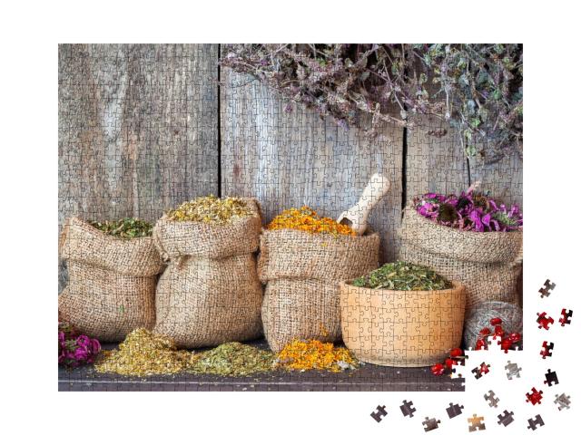Puzzle de 1000 pièces « Herbes médicinales séchées dans des sachets en jute »