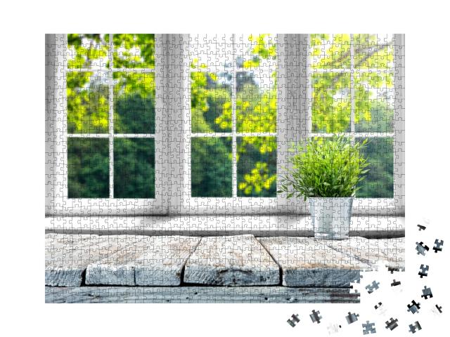 Puzzle de 1000 pièces « Fenêtre de printemps lumineuse avec appui de fenêtre en bois »