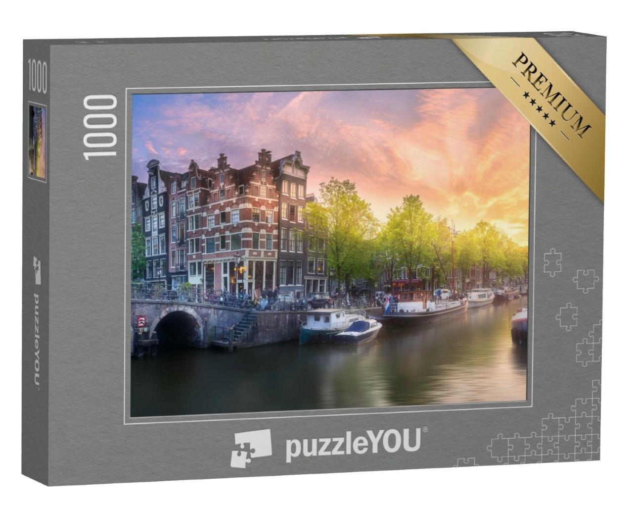 Puzzle de 1000 pièces « Lever de soleil sur la rivière Amstel, Amsterdam, Pays-Bas »