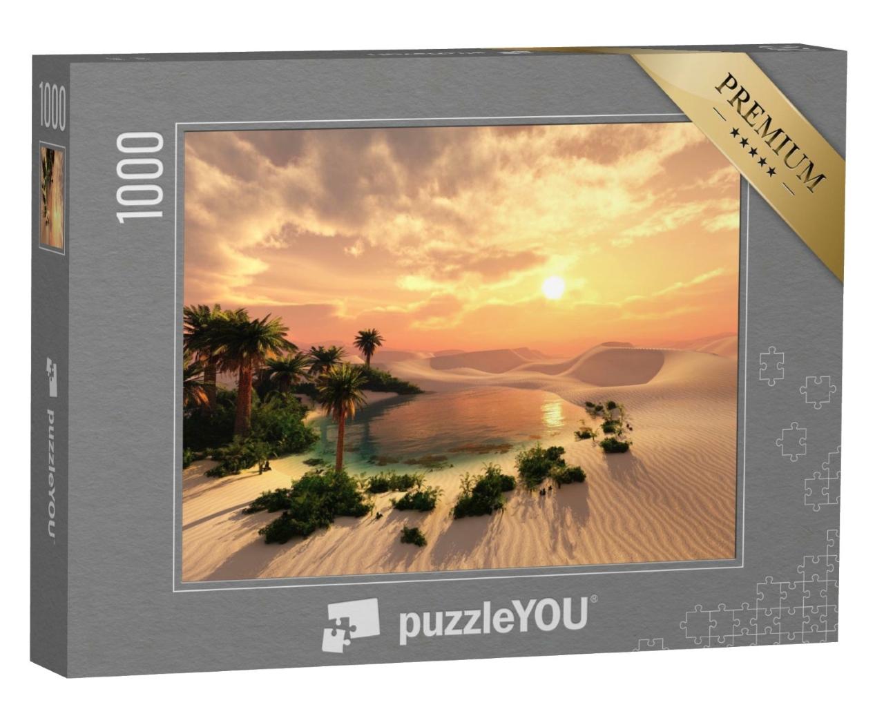 Puzzle de 1000 pièces « Oasis au coucher du soleil dans un désert de sable »