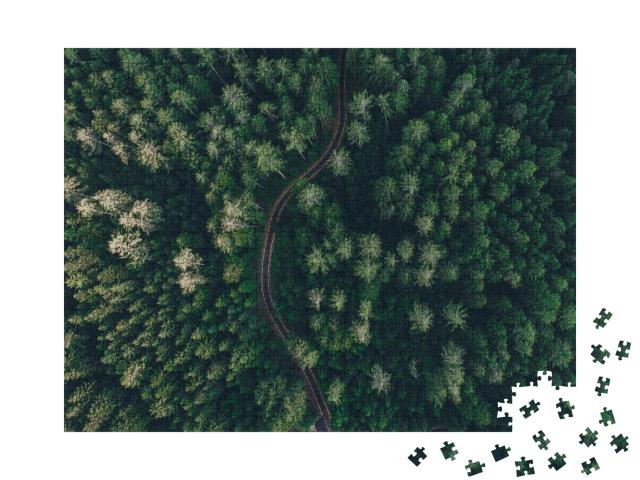 Puzzle de 1000 pièces « Vue aérienne d'une route sinueuse au milieu d'une forêt »