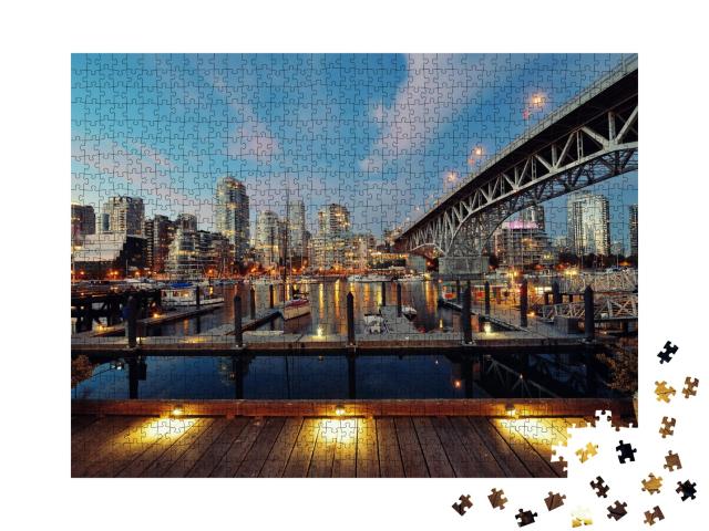 Puzzle de 1000 pièces « Vancouver False Creek de nuit avec pont et bateau »