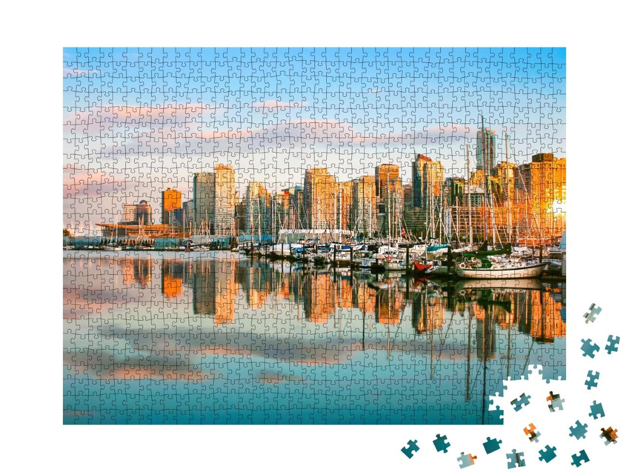 Puzzle de 1000 pièces « La ligne d'horizon de Vancouver avec le port au coucher du soleil »