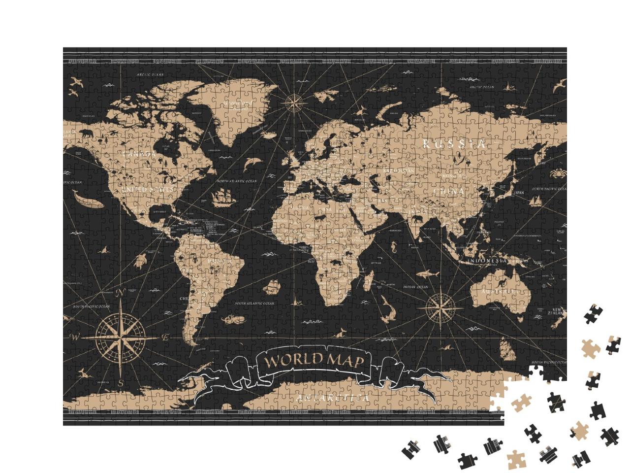 Puzzle de 1000 pièces « World Map Vintage Black Golden Detailed - Vector »