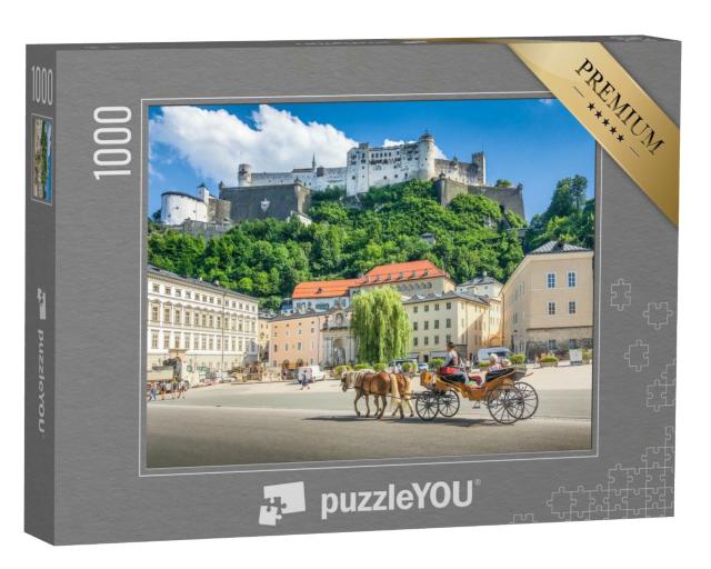 Puzzle de 1000 pièces « Vue panoramique sur le Salzbourg historique avec calèche Fiaker »