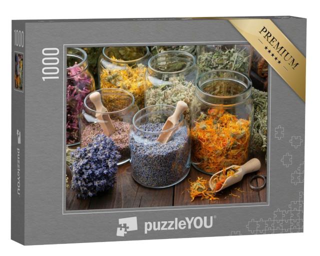 Puzzle de 1000 pièces « Récipients en verre avec des fleurs de lavande et de calendula séchées »