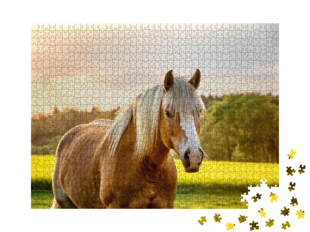 Puzzle de 1000 pièces « Cheval dans un coucher de soleil doré »