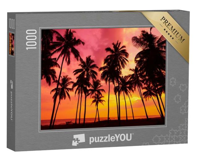 Puzzle de 1000 pièces « Coucher de soleil incandescent derrière les palmiers »