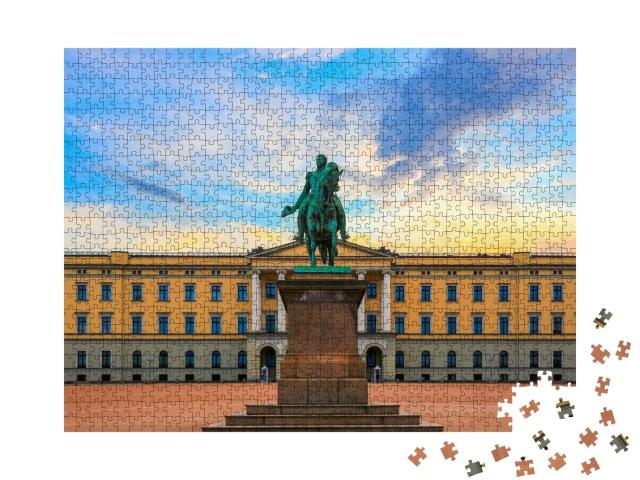 Puzzle de 1000 pièces « Palais royal et statue du roi Karl Johan au coucher du soleil, Oslo »