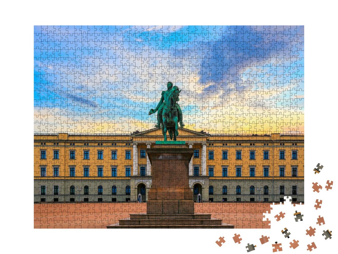 Puzzle de 1000 pièces « Palais royal et statue du roi Karl Johan au coucher du soleil, Oslo »