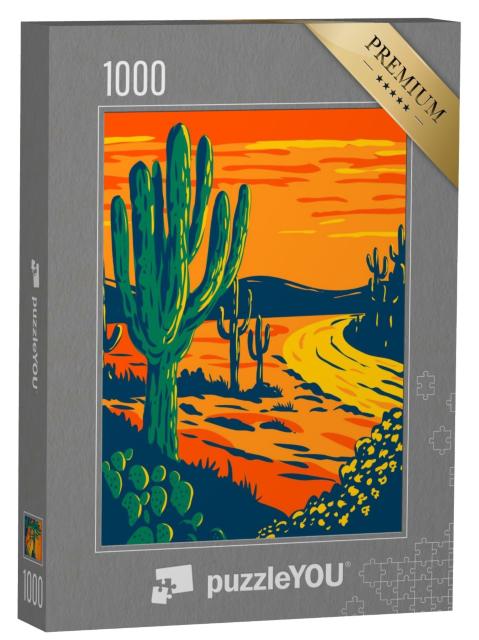 Puzzle de 1000 pièces « Illustration : Cactus saguaro au crépuscule, parc national de Tucson Arizona »