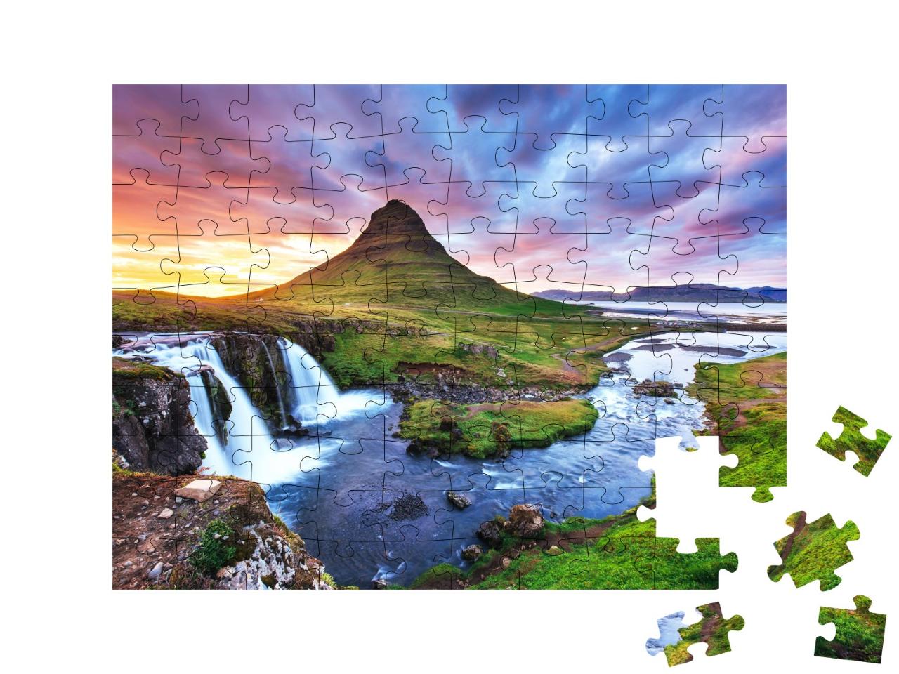 Puzzle de 100 pièces « Coucher de soleil sur le mont Kirkjufell, Islande »