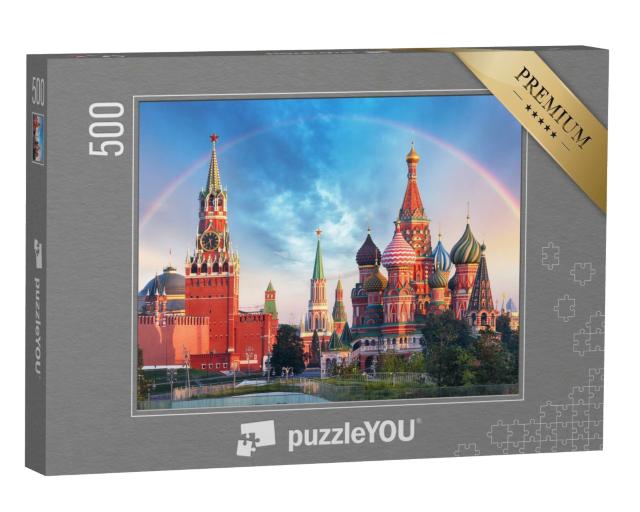 Puzzle de 500 pièces « Vue panoramique de la Place Rouge avec le Kremlin de Moscou et l'arc-en-ciel »