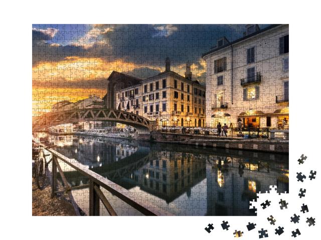 Puzzle de 1000 pièces « Pont sur le canal Naviglio Grande le soir, Milan, Italie »