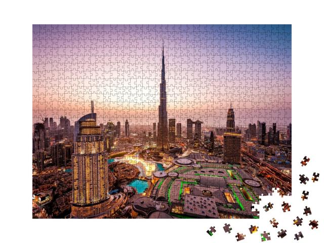 Puzzle de 1000 pièces « Belle ligne d'horizon de Dubaï la nuit, lumières de la ville »