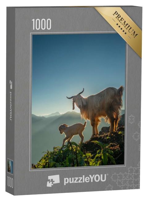 Puzzle de 1000 pièces « Une chèvre et son chevreau dans les montagnes sous le soleil matinal »