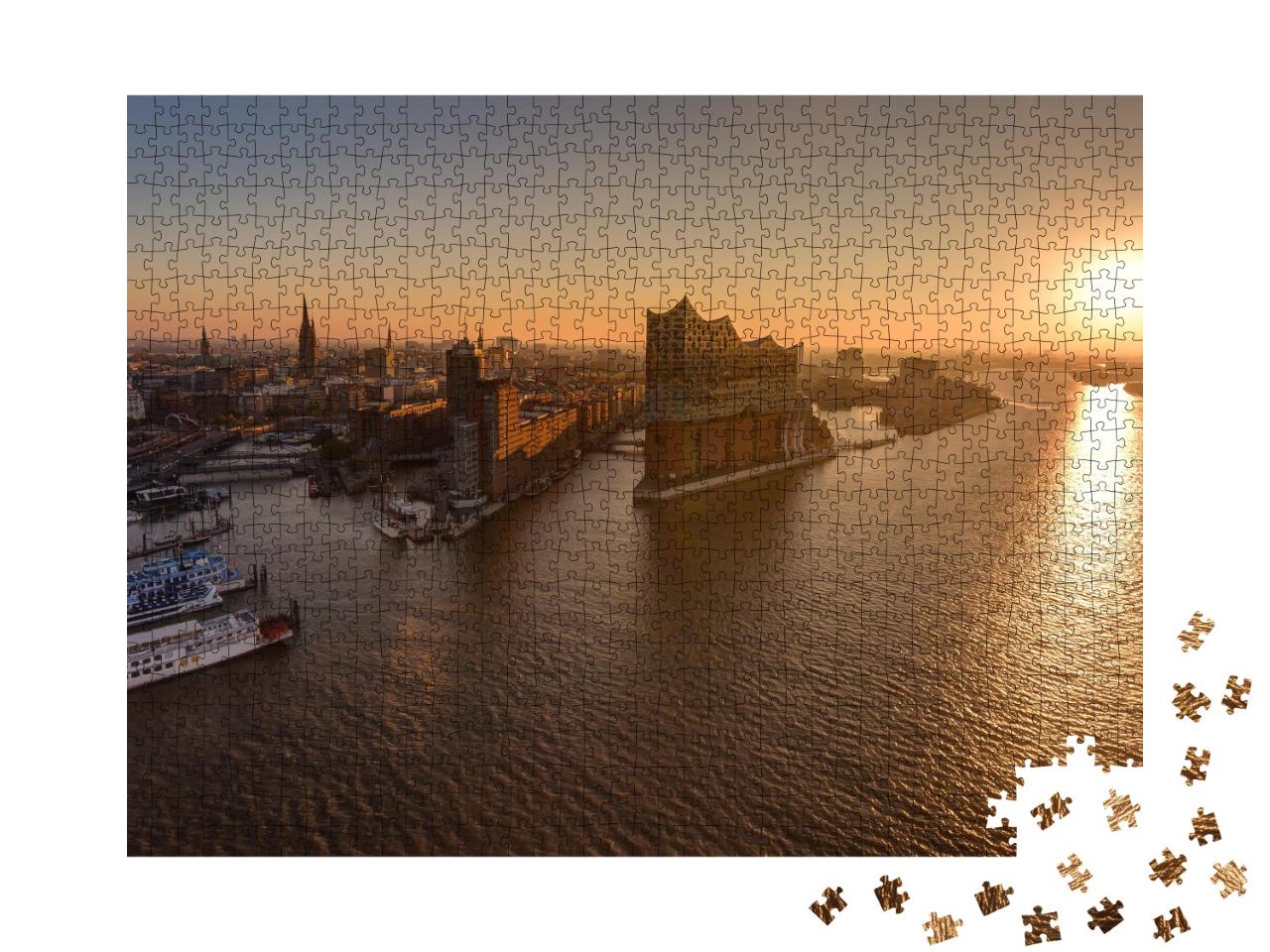 Puzzle de 1000 pièces « Panorama du port de Hambourg avec vue sur la ville au coucher du soleil »