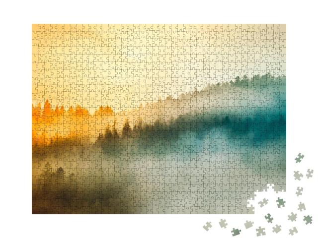 Puzzle de 1000 pièces « Magnifique lever de soleil sur la forêt dans la brume matinale »