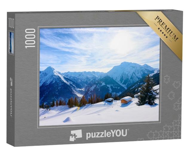 Puzzle de 1000 pièces « Domaine skiable de Mayrhofen avec chalets dans la pittoresque vallée du Zillertal, Tyrol »