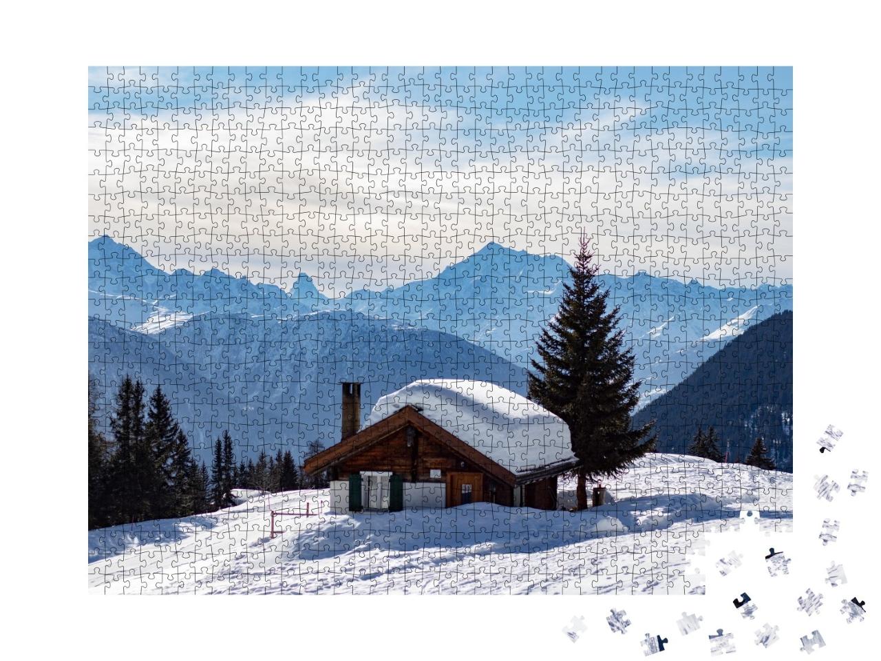 Puzzle de 1000 pièces « Refuge de montagne enneigé dans les Alpes suisses »