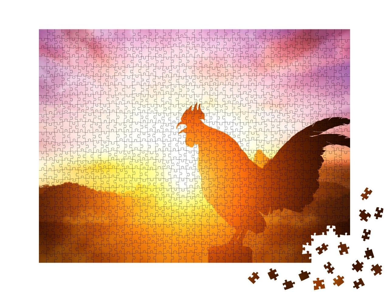 Puzzle de 1000 pièces « Silhouette d'un coq chantant dans un lever de soleil radieux »