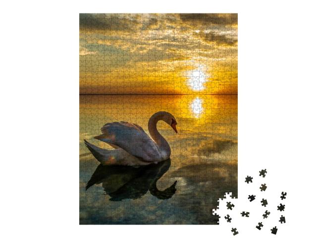 Puzzle de 1000 pièces « Cygne blanc en eau calme au coucher du soleil »