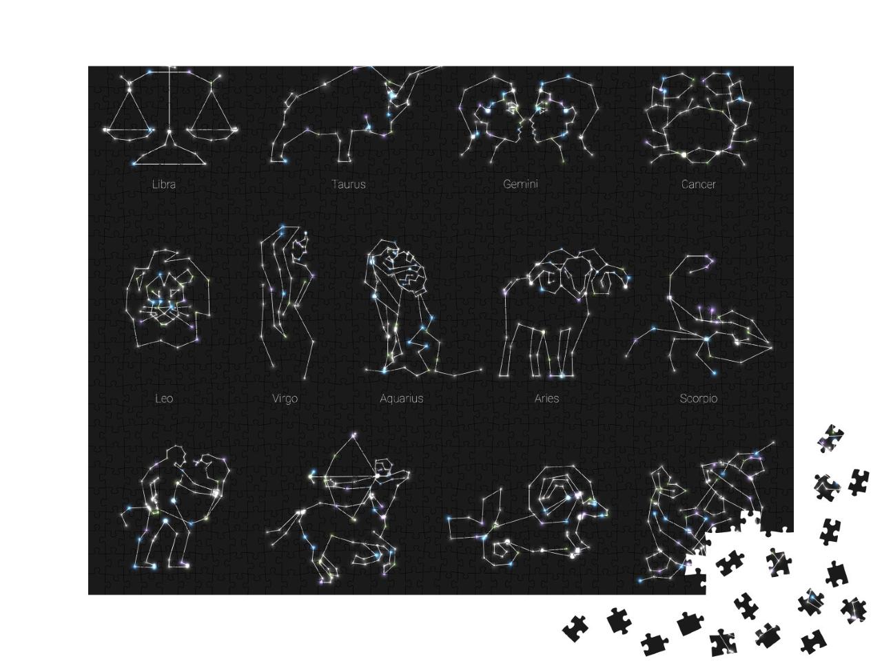 Puzzle de 1000 pièces « Horoscope, animaux du zodiaque, formes avec lignes et étoiles »