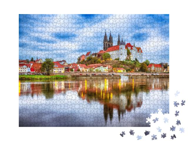 Puzzle de 1000 pièces « Albrechtsburg et la cathédrale sur l'Elbe au coucher du soleil, Meissen »