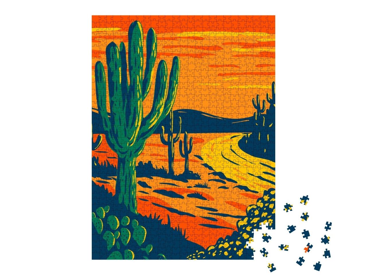 Puzzle de 1000 pièces « Illustration : Cactus saguaro au crépuscule, parc national de Tucson Arizona »