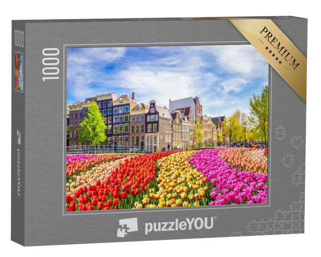 Puzzle de 1000 pièces « Magnifiques bâtiments anciens et tulipes à Amsterdam, Pays-Bas »
