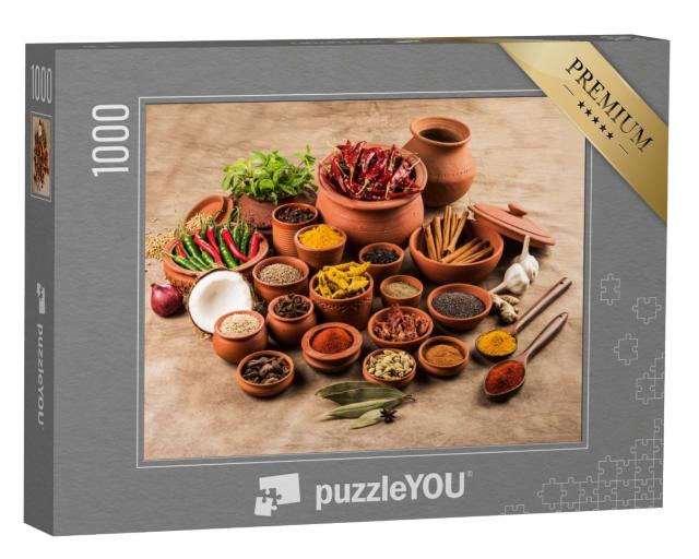 Puzzle de 1000 pièces « Épices essentielles indiennes dans des pots en terre cuite »