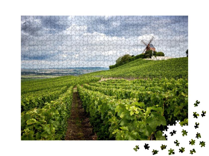Puzzle de 1000 pièces « La Champagne. Vignoble et moulin à vent en Champagne près de Vernezay France »