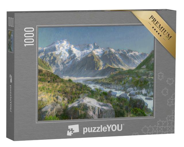 Puzzle de 1000 pièces « dans le style artistique de Claude Monet - Hooker Valley Track avec le mont Sefton Mont recouvert de neige »