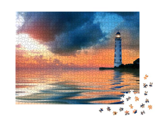 Puzzle de 1000 pièces « Coucher de soleil au phare par mer calme »