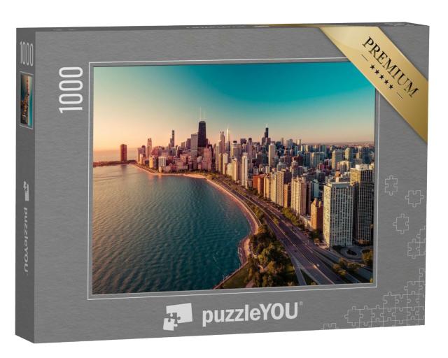 Puzzle de 1000 pièces « L'horizon de Chicago avec le lever du soleil et le lac Michigan »