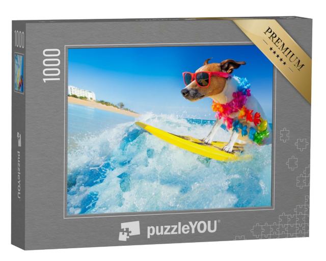 Puzzle de 1000 pièces « Le roi des surfeurs : le chien Jack Russell surfe la vague parfaite »