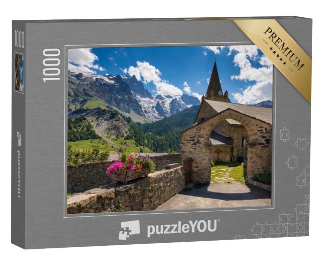 Puzzle de 1000 pièces « Le village de La Grave et son église dans le Parc national des Ecrins avec le sommet de La Meije »