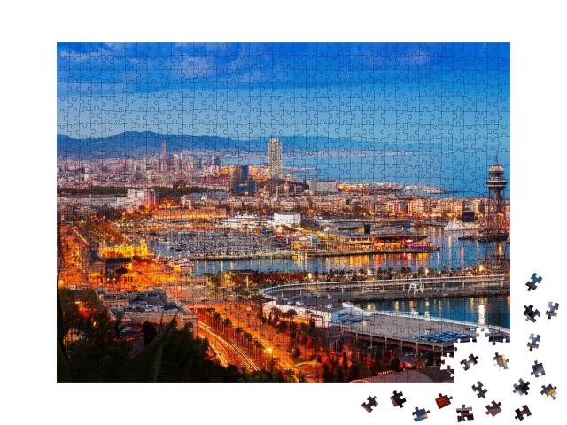 Puzzle de 1000 pièces « Panorama de Barcelone avec le port la nuit, Espagne »