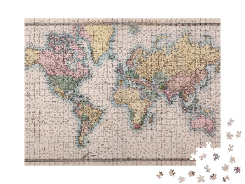 Puzzle de 1000 pièces « Ancienne carte originale du monde coloriée à la main sur projection de Mercator vers 1860 »