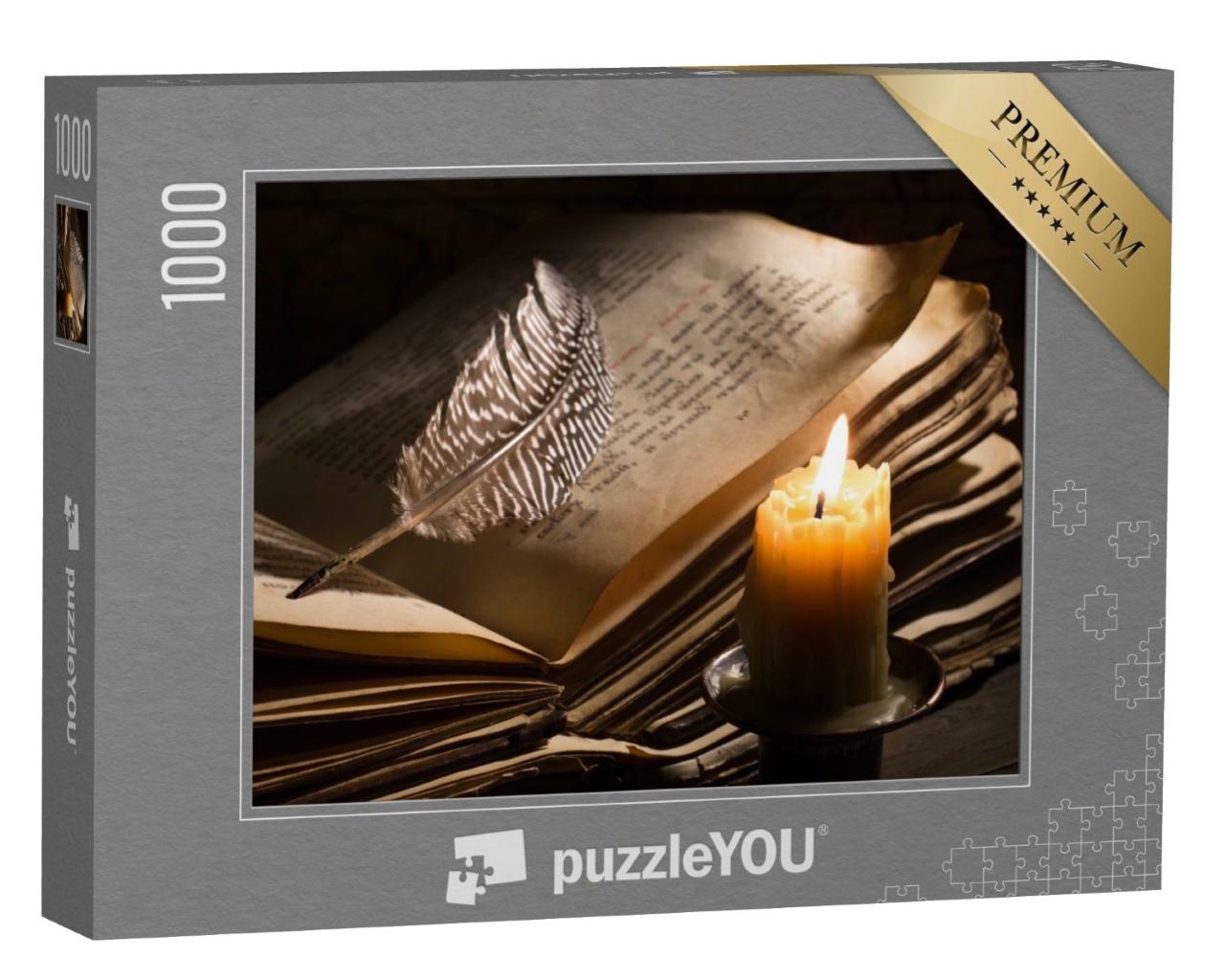 Puzzle de 1000 pièces « Bougie à côté d'un livre médiéval »