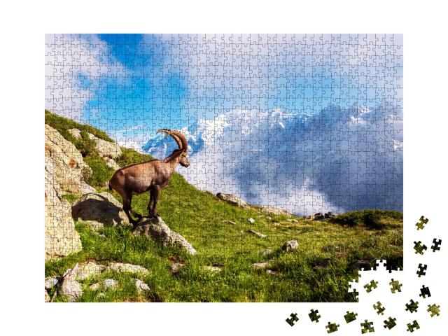 Puzzle de 1000 pièces « Beau paysage de montagne avec une chèvre de montagne dans les Alpes françaises, près du massif du Lac Blanc »
